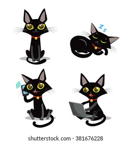 Black Cat Vector Set. Sitting, Sleeping. Cat And Phone And Computer. Cartoon Animals Icons.