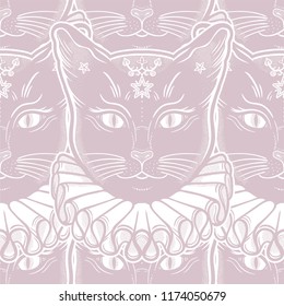 Black cat in a vintage collar seamless pattern.