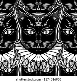 Black cat in a vintage collar seamless pattern.