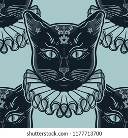Black cat in a vintage collar seamless pattern.