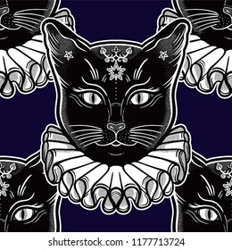 Black cat in a vintage collar seamless pattern.