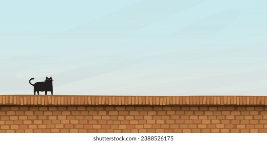 Black cat walking on brick wall childish style vector illustration have blank space.