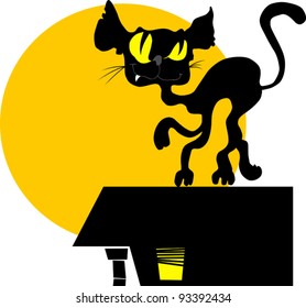 black cat walking on the roof against a yellow moon;