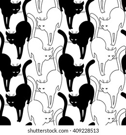 Black cat walking on the sloppy street. Vector seamless pattern with cat's silhouettes
