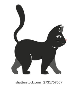 Schwarze Katze, die mit erhobenem Schwanz geht. Trendige moderne Vektorgrafik einzeln auf weißem Hintergrund, handgezeichnet, flaches Design