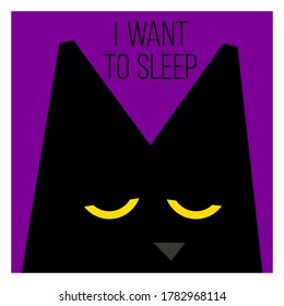 Gato negro. Quiero dormir. Ilustración vectorial con la imagen de un gato negro somnoliento. Fatiga y deseo de dormir