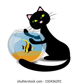 Black cat wants to catch the fish in the aquarium, vector illustration