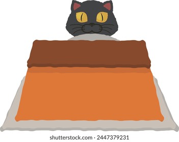 A black cat warming itself in the kotatsu