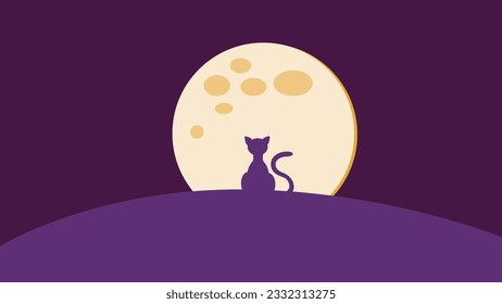 Black cat watching the full moon