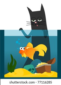 Black cat watching goldfish in aquarium