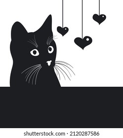 Gato negro mirando los corazones. Ilustración vectorial simple