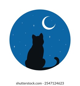 Gato preto observando em um crescente. Emblema redondo com silhueta de gato e no fundo do céu noturno com crescente. Ilustração vetorial