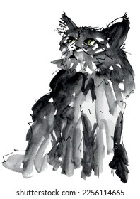 Black cat watercolor sketch. Green eyes, fur, isolated vector art.