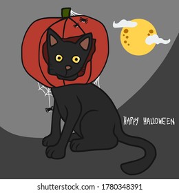 Black cat wear pumpkin head , Halloween concept cartoon vector illustration