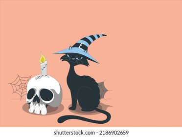 Black cat wearing a blue and black striped witch hat laying next to an illuminated jack-o-lantern Halloween pumpkin. Black cat in witch hat. Scary kitten with big green eyes in wizard headwear.