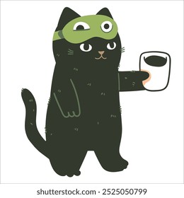 Black cat wearing funny green sleep mask with eyes holding coffee espresso cup. Drip coffee illustration