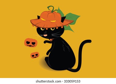 Black cat wearing halloween pumpkin hat