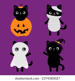 Black cat wearing mummy, witch hat, pumpkin, ghost spirit monster costume. Kitten set. Happy Halloween. Funny face. Cute cartoon spooky character. Greeting card. Flat design. Violet background. Vector