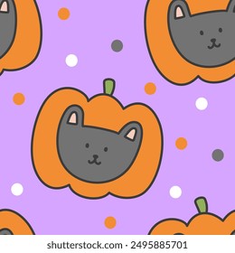 black cat wearing pumpkin head for halloween background wallpaper seamless pattern 