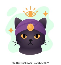 Black cat wearing purple turban with third eye, cat representing mystic wisdom, cat radiating intuition and clarity