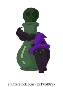 Black cat wearing a purple witch hat and a green potion bottle with a skull cap. Vector illustration on a white background