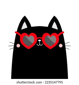 Schwarze Katze mit rotem Herz Form Sonnenbrille Brille. Sonnenblase. Schwarze Linsen, roter Rahmen. Cute Cartoon kawaii Charakter. Kätzchen in Brille. Weißer Hintergrund. Flaches Design. Vektorgrafik