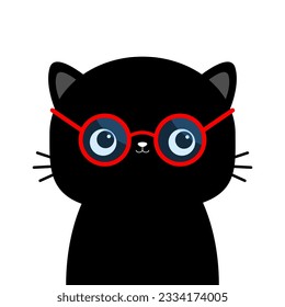 Schwarze Katze mit roter Rundform Sonnenbrille Brille. Sonnenblase. Blaue Linsen, roter Rahmen. Cute Cartoon kawaii Charakter. Kätzchen in Brille. Weißer Hintergrund. Flaches Design. Vektorgrafik