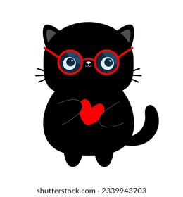 Schwarze Katze mit roter Rundform Sonnenbrille Brille. Rotes Herz. Sonnenblase. Blaue Linsen, roter Rahmen. Cute Cartoon kawaii Charakter. Kätzchen in Brille. Weißer Hintergrund. Flaches Design. Vektorgrafik