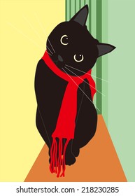 Black cat wearing a red scarf