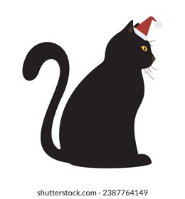 Black cat wearing Santa hat sitting side view isolated on white background flat design vector illustration.