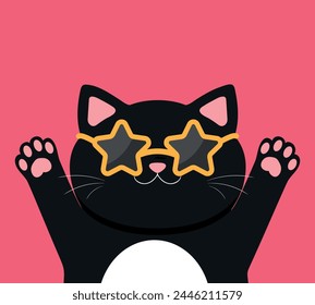 Gato negro con gafas de sol en forma de estrella. Gato elegante fresco sobre fondo rojo. Lindo personaje de dibujos animados. Ilustración vectorial