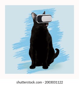 black cat wearing VISUAL REALITY glasses .on a blue background