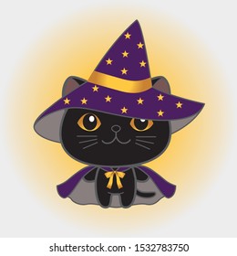 Black cat wearing a witch costume. Halloween day. Witch