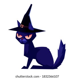 Black cat wearing a witch hat. Halloween illustration vector