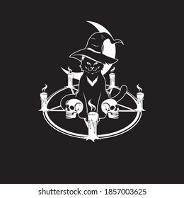 black cat wearing witch hat standing on pentagram star ritual with skulls and candles under a crescent moon vector illustration