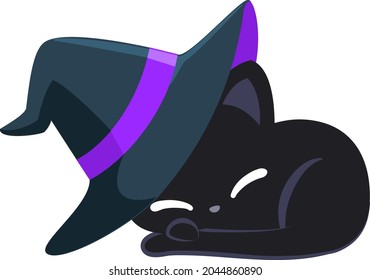  Black cat wearing a witch hat, Halloween material icon. Vector image