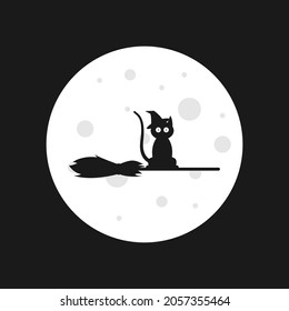 Black cat wearing witch hat flying in the middle of full moon. Flat design vector illustration.