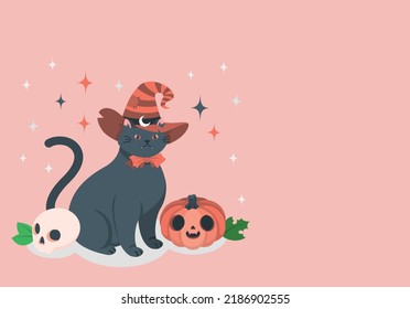 Black cat wearing a witch hat laying next to an illuminated jack-o-lantern Halloween pumpkin. Halloween black cat. Vector animal isolated on orange background.