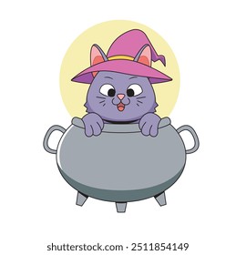  black cat wearing witch hat in cauldron vector illustration cartoon animal culture flat isolated