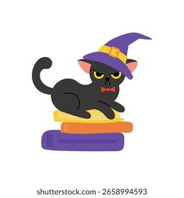 Gato negro con sombrero de bruja en los libros