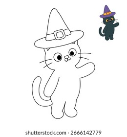 Gato negro con sombrero de bruja para colorear páginas para niños. Trazo y color Gato negro con sombrero de bruja. Divertida actividad de halloween para colorear para niños imprimible. 