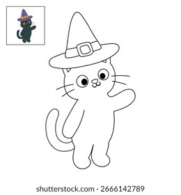 Gato negro con sombrero de bruja para colorear páginas para niños. Trazo y color Gato negro con sombrero de bruja. Divertida actividad de halloween para colorear para niños imprimible. 