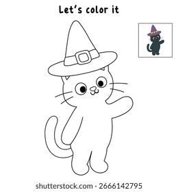 Gato negro con sombrero de bruja para colorear páginas para niños. Trazo y color Gato negro con sombrero de bruja. Divertida actividad de halloween para colorear para niños imprimible. 