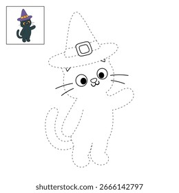 Gato negro con sombrero de bruja para colorear páginas para niños. Trazo y color Gato negro con sombrero de bruja. Divertida actividad de halloween para colorear para niños imprimible. 