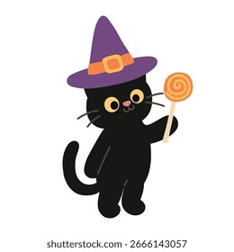 Gato preto usando clipart chapéu bruxa, vetor ícone. Atividade divertida de Halloween para crianças imprimível