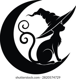 Black cat wearing witch hat sitting on crescent moon vector illustration