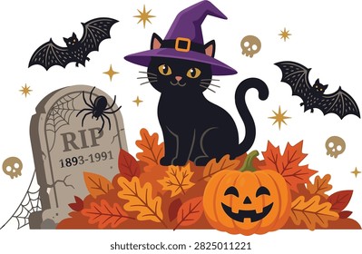 Black cat wearing witch hat sitting on autumn leaves near pumpkin and RIP gravestone with flying bats vector illustration isolated clip art