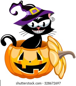 Black Cat Wearing Witch Hat Inside Halloween Pumpkin