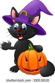 Black cat wearing witch hat