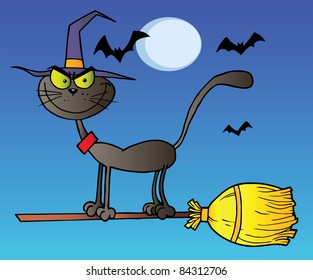 Black Cat Which Fly A Broom In Night